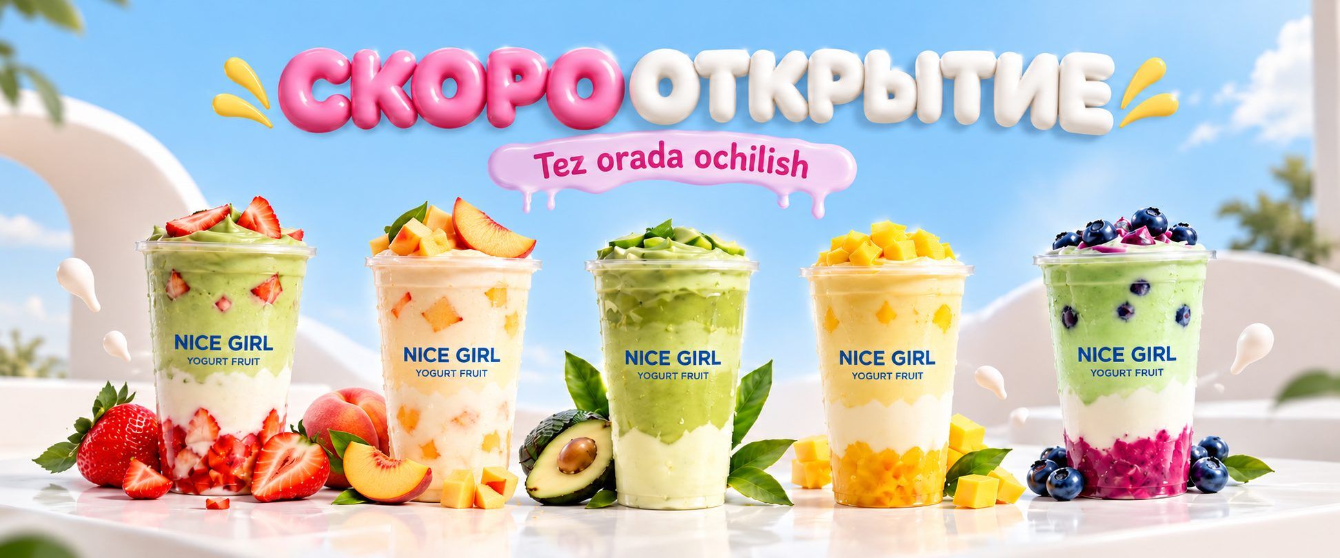 Стаканы NICE GIRL с клубникой, персиком, авокадо, манго и черникой